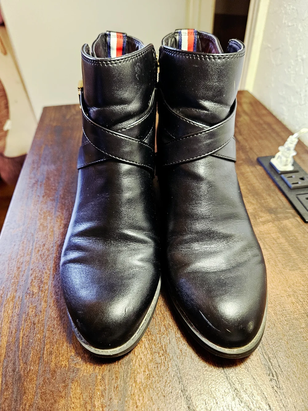 Tommy Hilfiger Black Leather Ankle Booties with Gold Logo Strap-Size 7